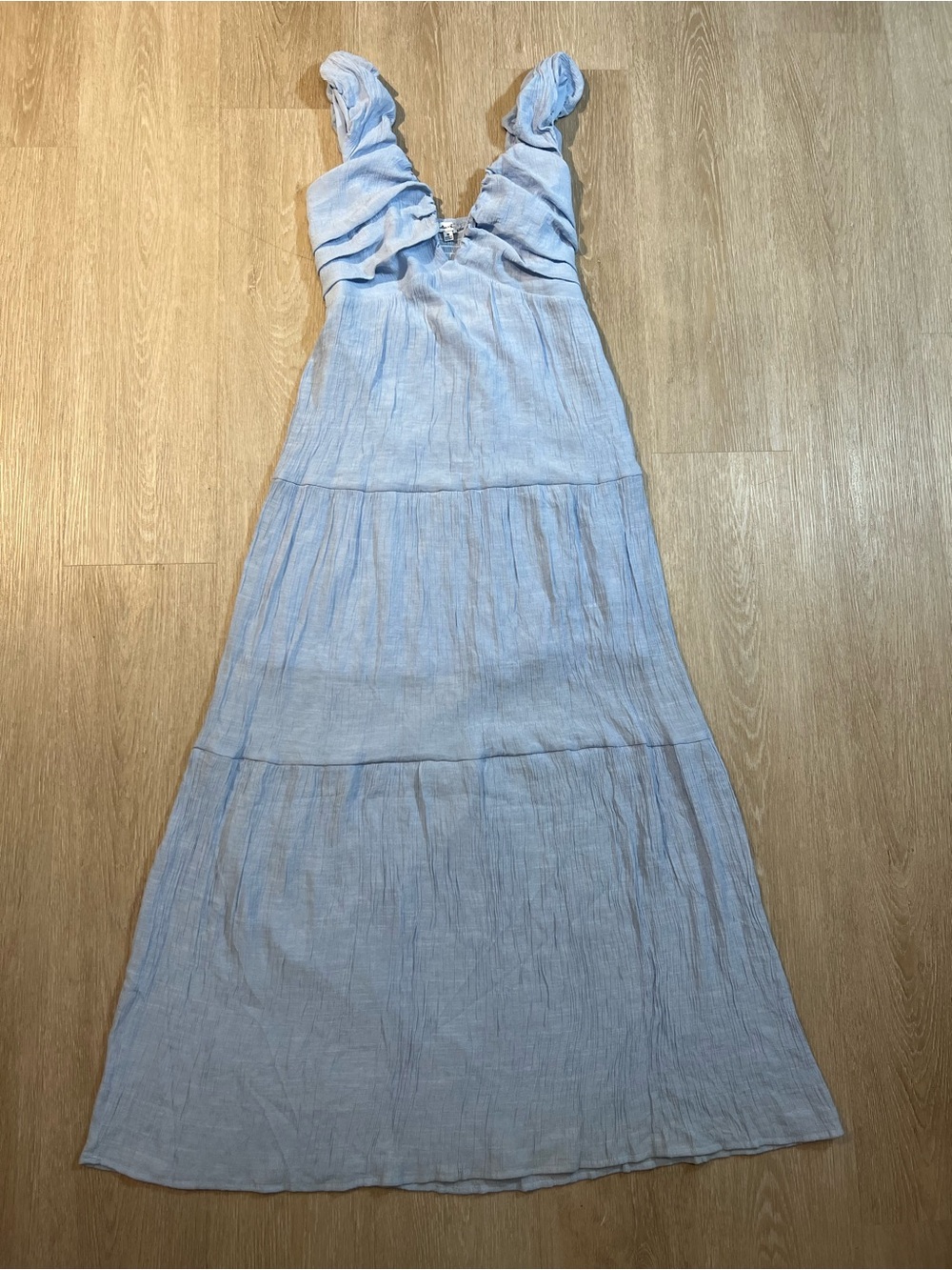 Hunter & Brown Light Blue Linen Maxi Dress with Ruffle Straps Women’s Medium